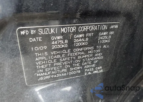 2010 Suzuki Kizashi Se z USA, uszkodzony, nr VIN JS2RF9A3XA6100078